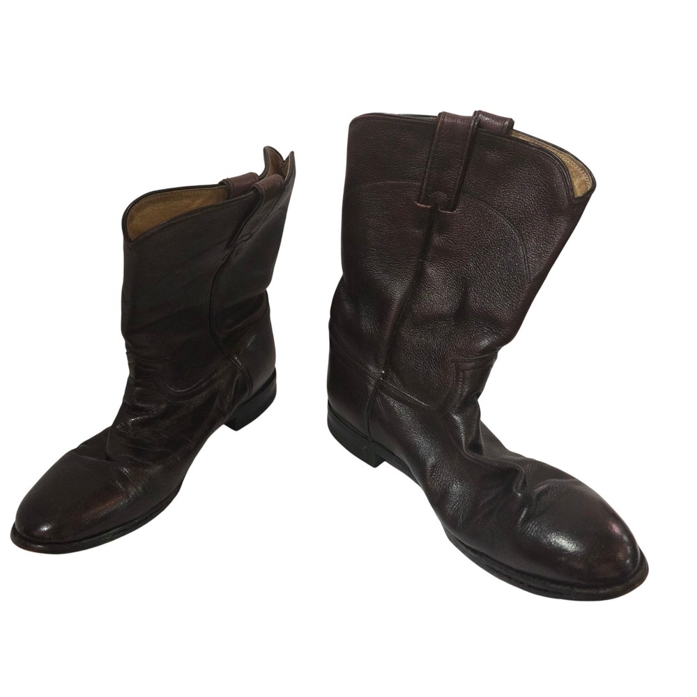 Vintage Justin 3435 Mens Black Cherry Leather Roper Boots Round Toe Wide 10 EE